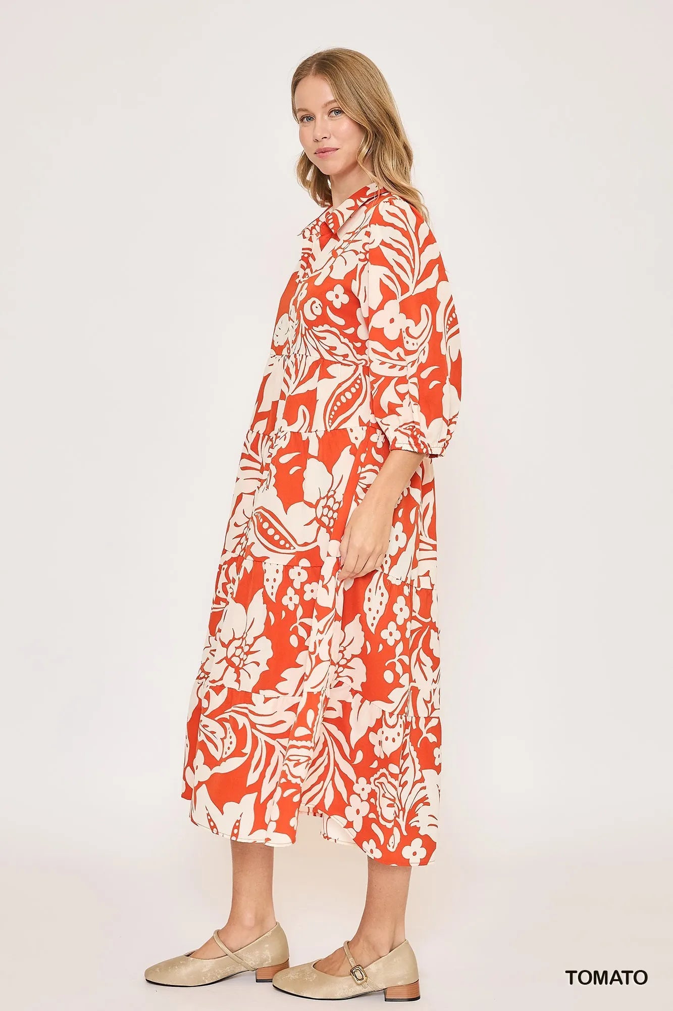 Umgee Tomato Floral Print Tiered Midi Dress