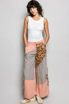 POL Peach Multi Striped Floral Patchwork Wide leg Pants with Side Big Star Patch
