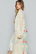 POL Floral Trim Lace Open Front Longline Cardigan in Natural