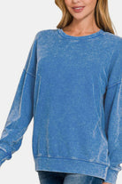 Zenana Blue Washed Round Neck Dropped Shoulder French Terry Sweatshirt