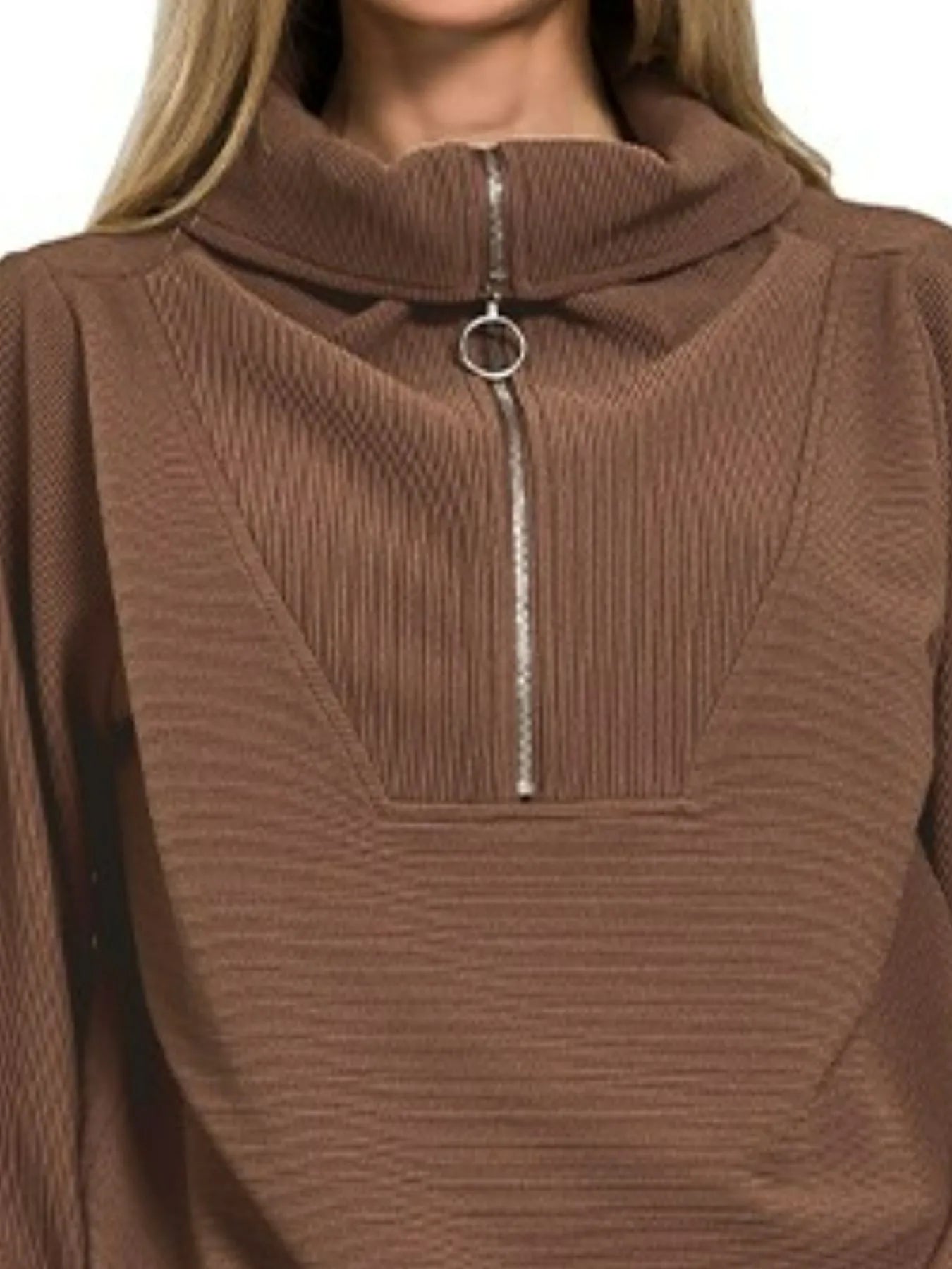 Zenana Brown Ribbed High Neck Half Zip Pullover & Pants Set