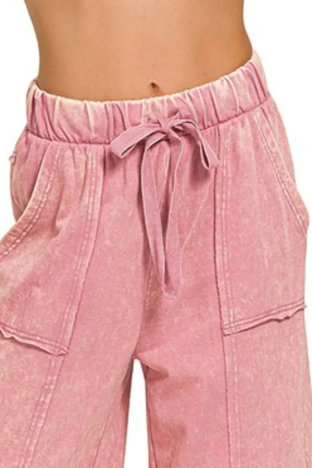 Zenana Light Rose Exposed-seam Flare Hem Pants With Pockets