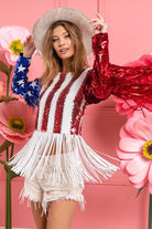 BiBi American Flag Theme Fringe Detailed Sequins Crop Top