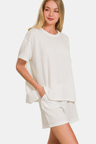 Zenana Off White Ribbed Short Sleeve T-Shirt and Shorts Set Trendsi