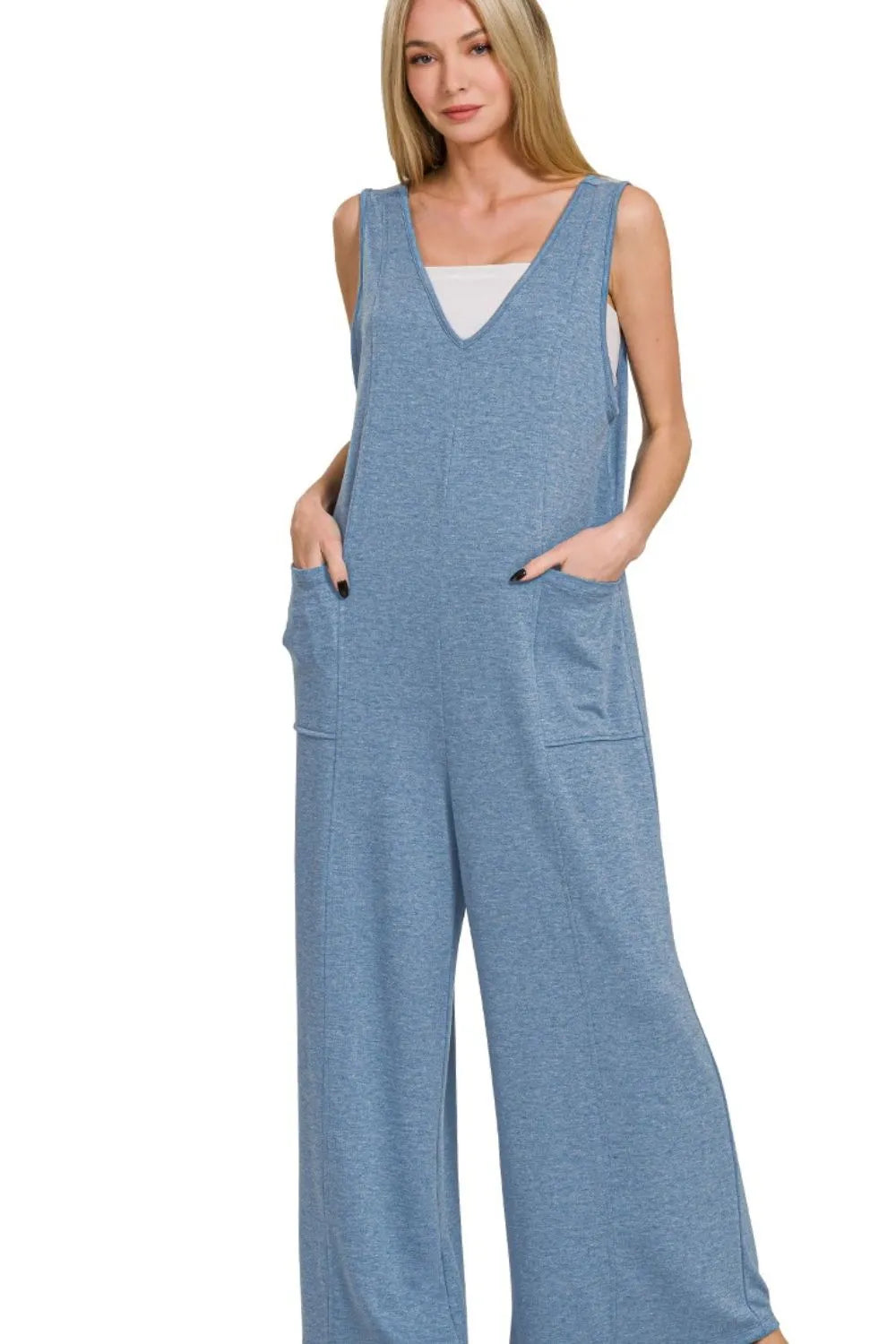 Zenana Dark Pink French Terry Deep V Neck Jumpsuits