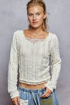 POL Cream Texture Long Sleeve Blouse with Floral Ruffled Details