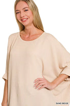 Zenana Sand Beige Raised Rib Bat Sleeve Top