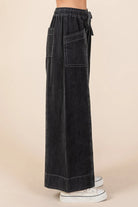 Mittoshop Black Mineral Washed Wide Leg Elastic Waist Twill Pants