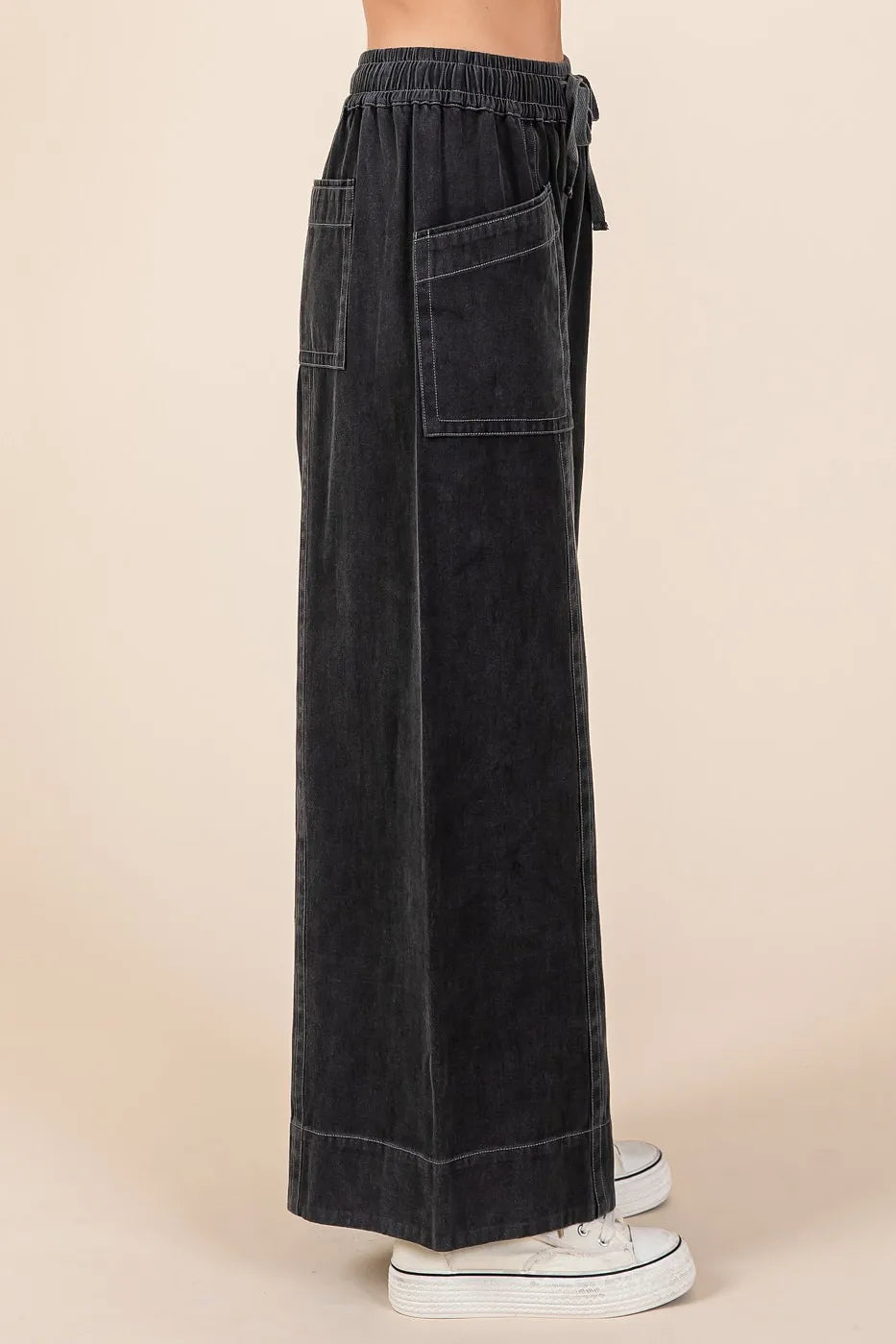 Mittoshop Black Mineral Washed Wide Leg Elastic Waist Twill Pants