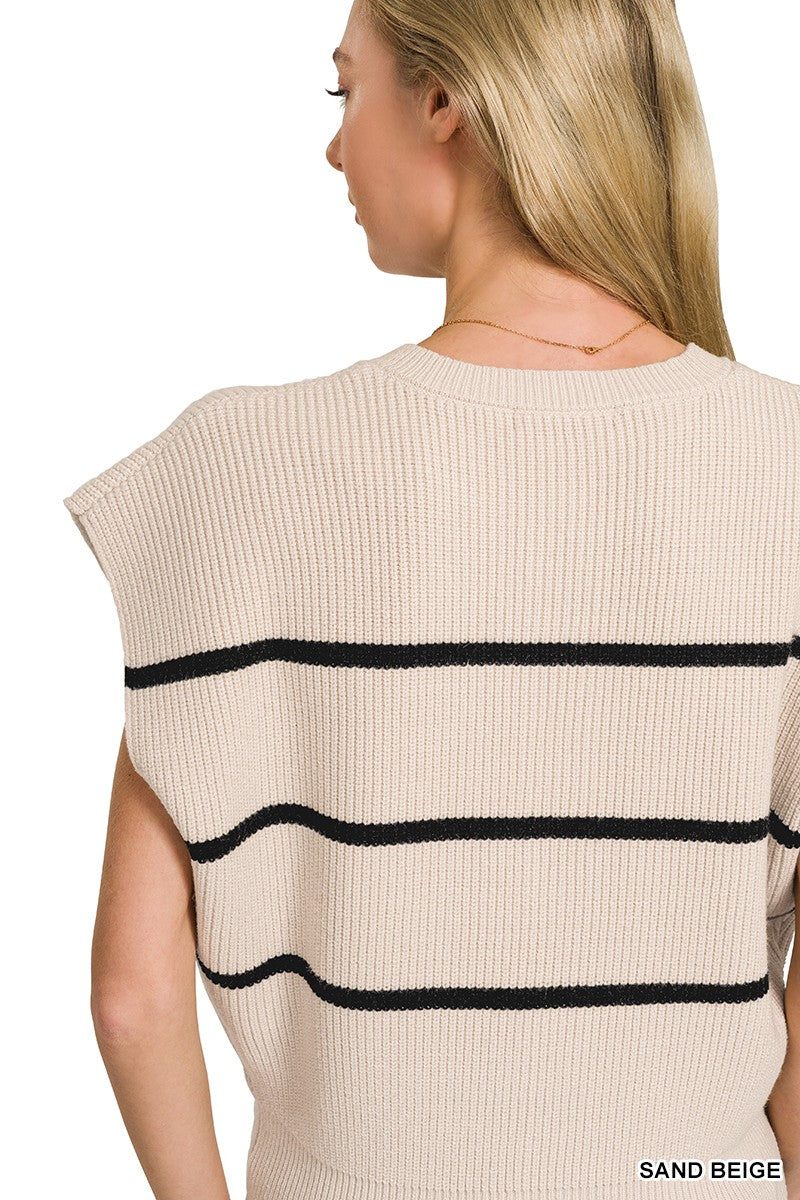 Zenana Sand Beige Striped Viscose Sweater Vest