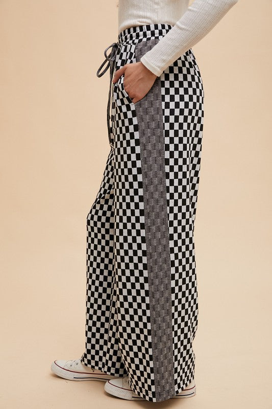 Annie Wear Drawstring Black Checkered Wide Leg Pants