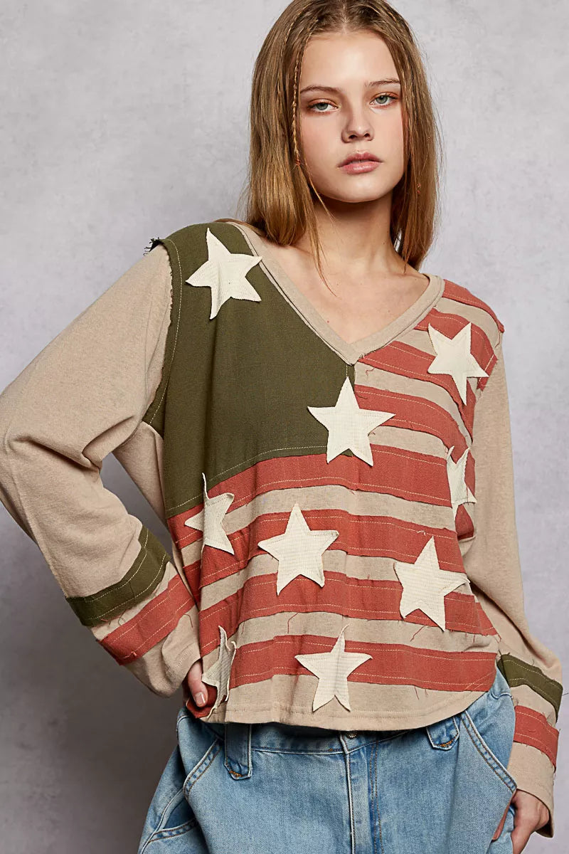 POL Double Gauze American Flag Patch V-Neck Long Sleeve T-Shirt MOCHA MULTI