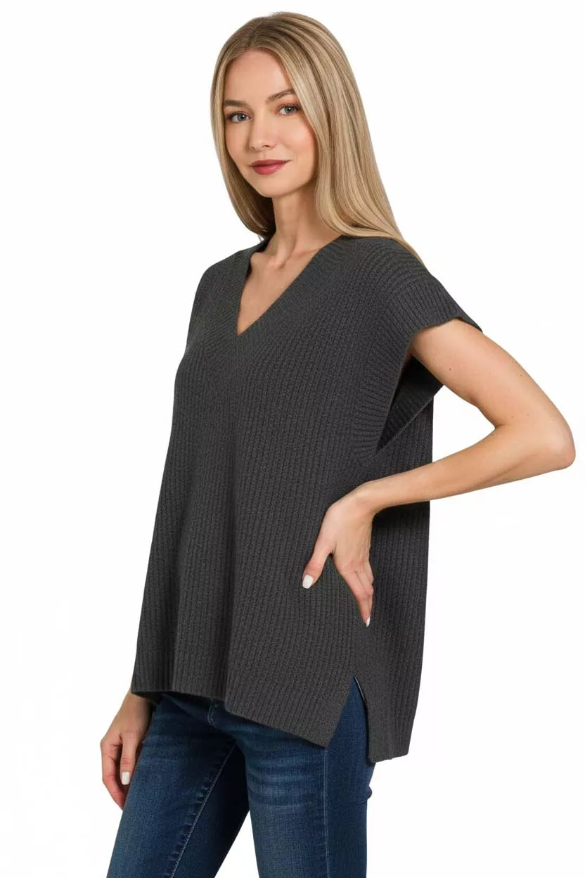 Zenana Black Ribbed Slit V-Neck Sweater Vest