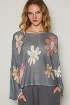 POL Charcoal Flower Dropped Shoulder Long Sleeve Knit Top Charcoal Shirts & Tops