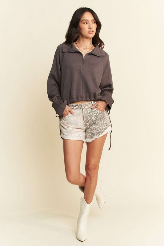 Davi & Dani Coffee Drawstring Hem Half Zip Raglan Sleeve Sweatshirt Shirts & Tops