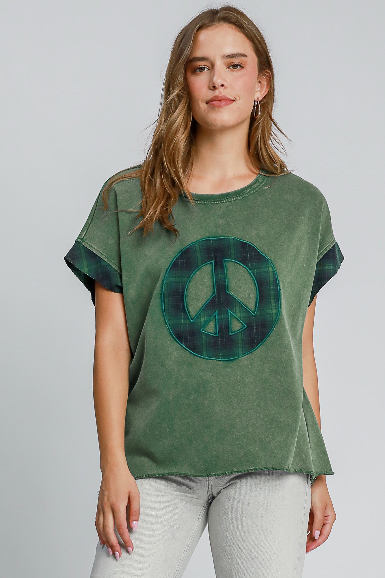 Umgee Peace Dark Green Applique Round Neck French Terry Top Dark Green