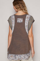 POL Coffee Brown Floral Frayed Hem Crochet Cap Sleeve Top