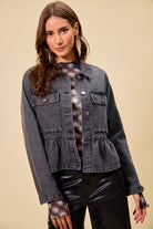 SO ME Black Denim Peplum Hem Front Button Jacket With Pockets BLACK