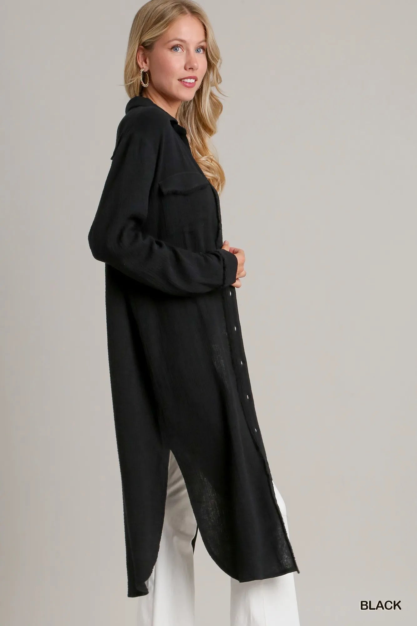 Umgee Black Cotton Gauze Button Down Shirt Dress