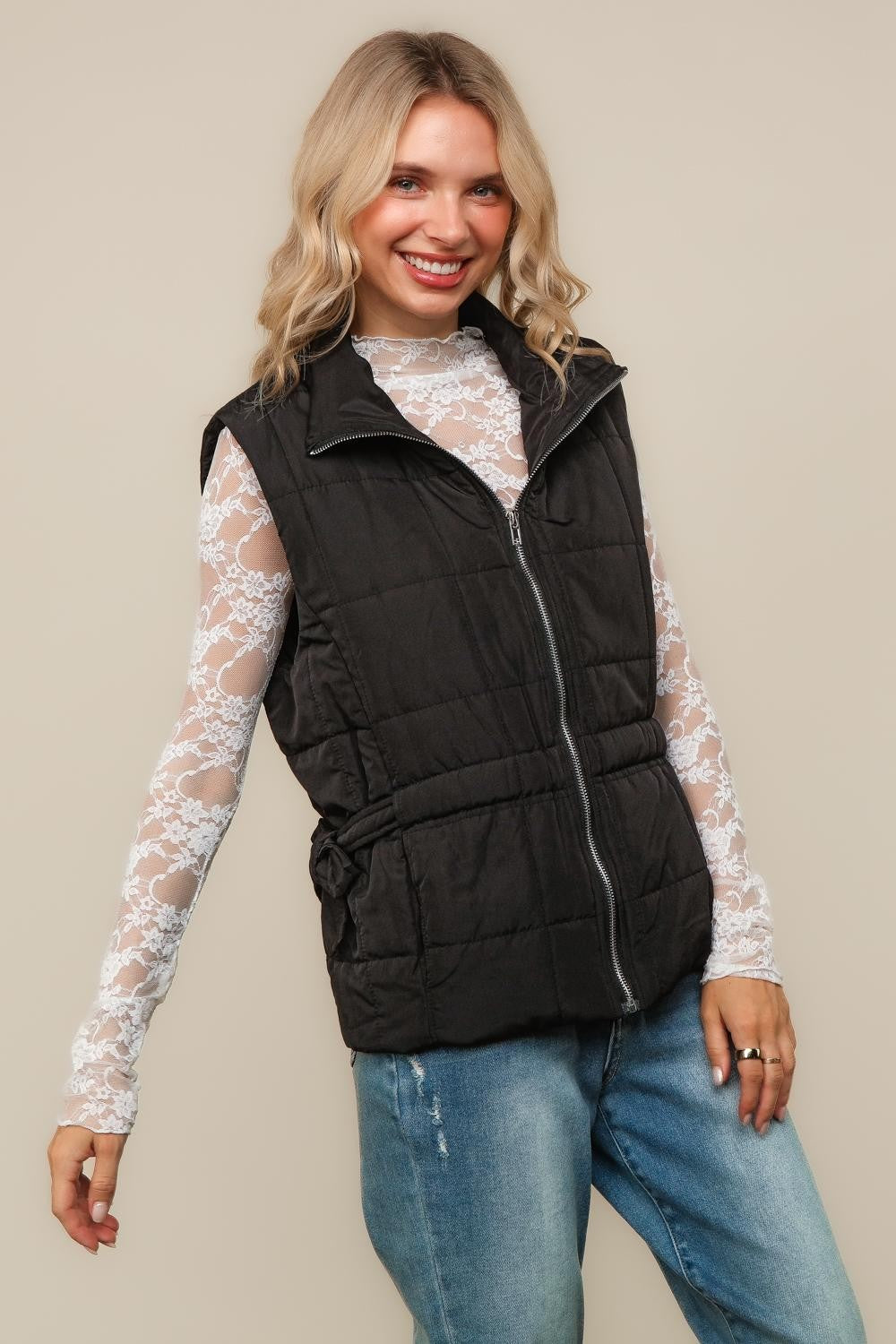 Haptics High Nevk Quilted Zip Up Black Puffer Vest