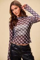 SO ME Plaid Mesh Knit Long Sleeve Top with Thumb Opening