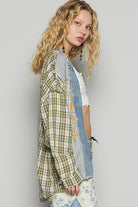 POL Raw Edge Plaid & Striped Open Front Shacket