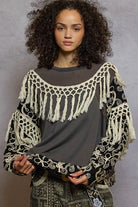 POL Moss Charcoal Contrast Floral Embroidery Balloon Sleeve Top with Tassel Trim