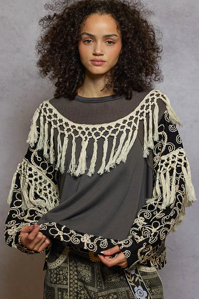 POL Moss Charcoal Contrast Floral Embroidery Balloon Sleeve Top with Tassel Trim