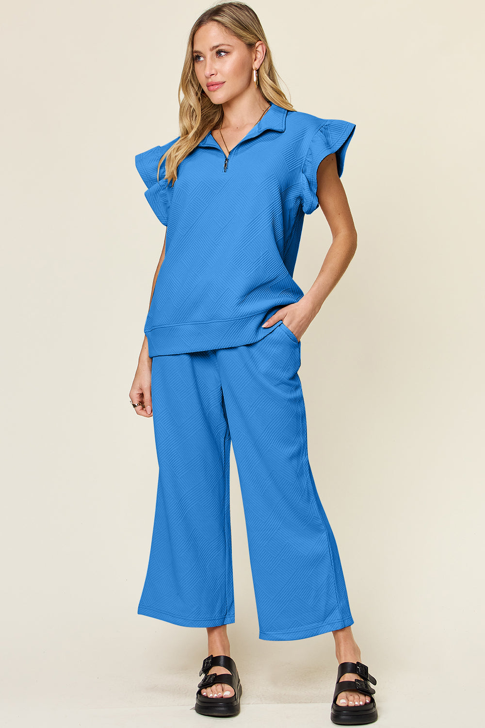 Double Take Quilted Textured Ruffle Short Sleeve Top and Drawstring Wide Leg Pants Set Cerulean Sets