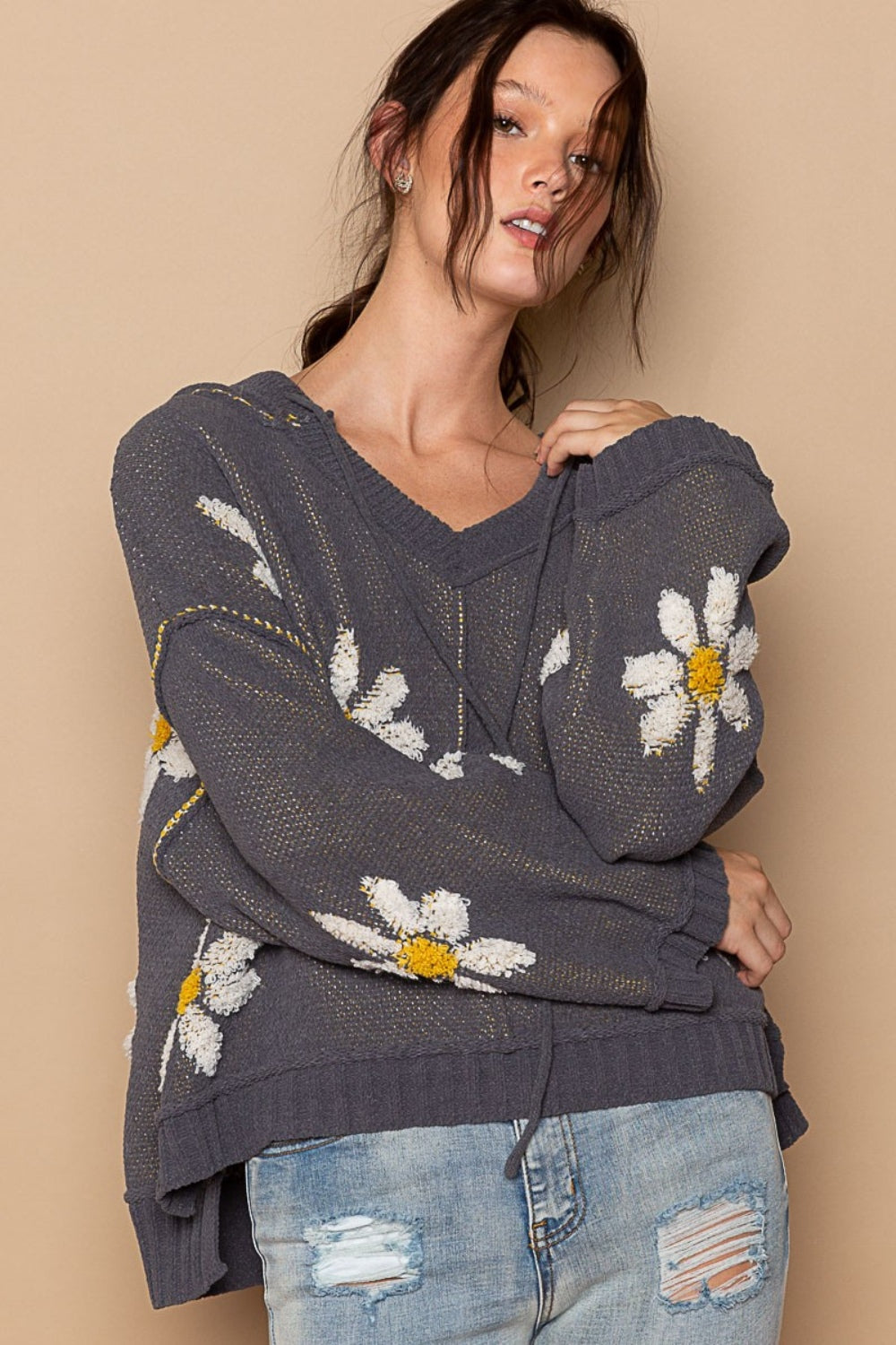 POL Charcoal Floral Pattern Hooded High-Low Sweater Charcoal Trendsi