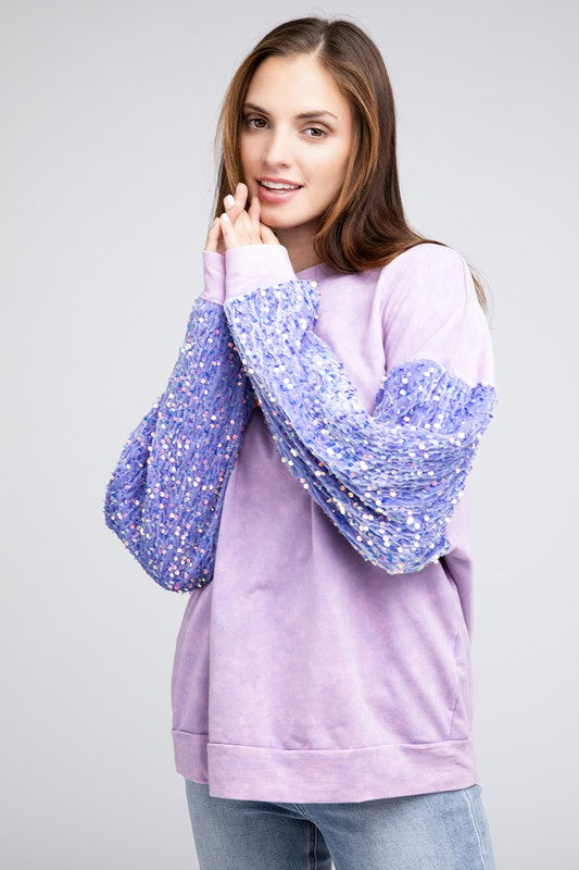 BiBi Periwinkle Velvet Sequin Sleeve Mineral Washed Top BiBi
