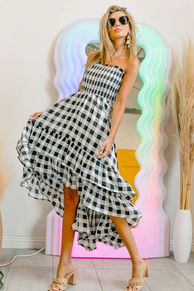 BiBi Black & Ivory Smocked Body Off Shoulder Check Dress