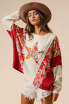 BiBi Floral Print Mixed Star Patch Round Neck Sweatshirt