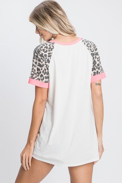 Heimish Ivory Leopard Round Neck Short Sleeve T-Shirt with Stitch