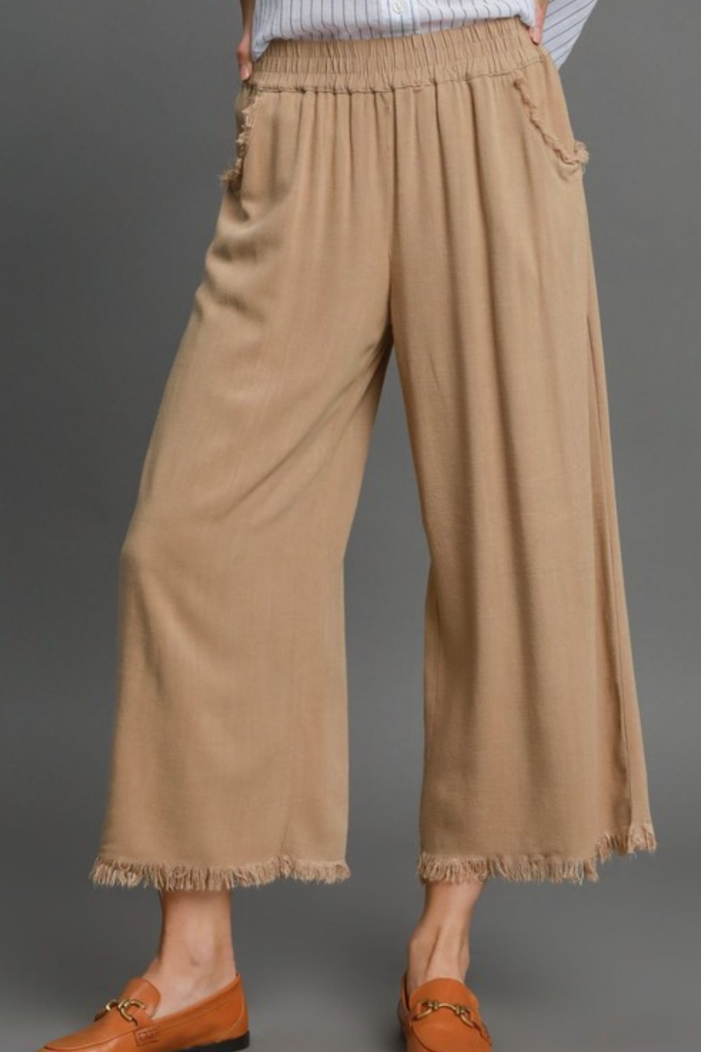 Umgee Full Size Linen Blend Elastic Waistband Wide Leg Pants Plus Size Camel