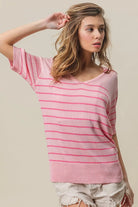 BiBi Light Pink/Dark Pink Stripe Short Sleeves Collared V Neck Top
