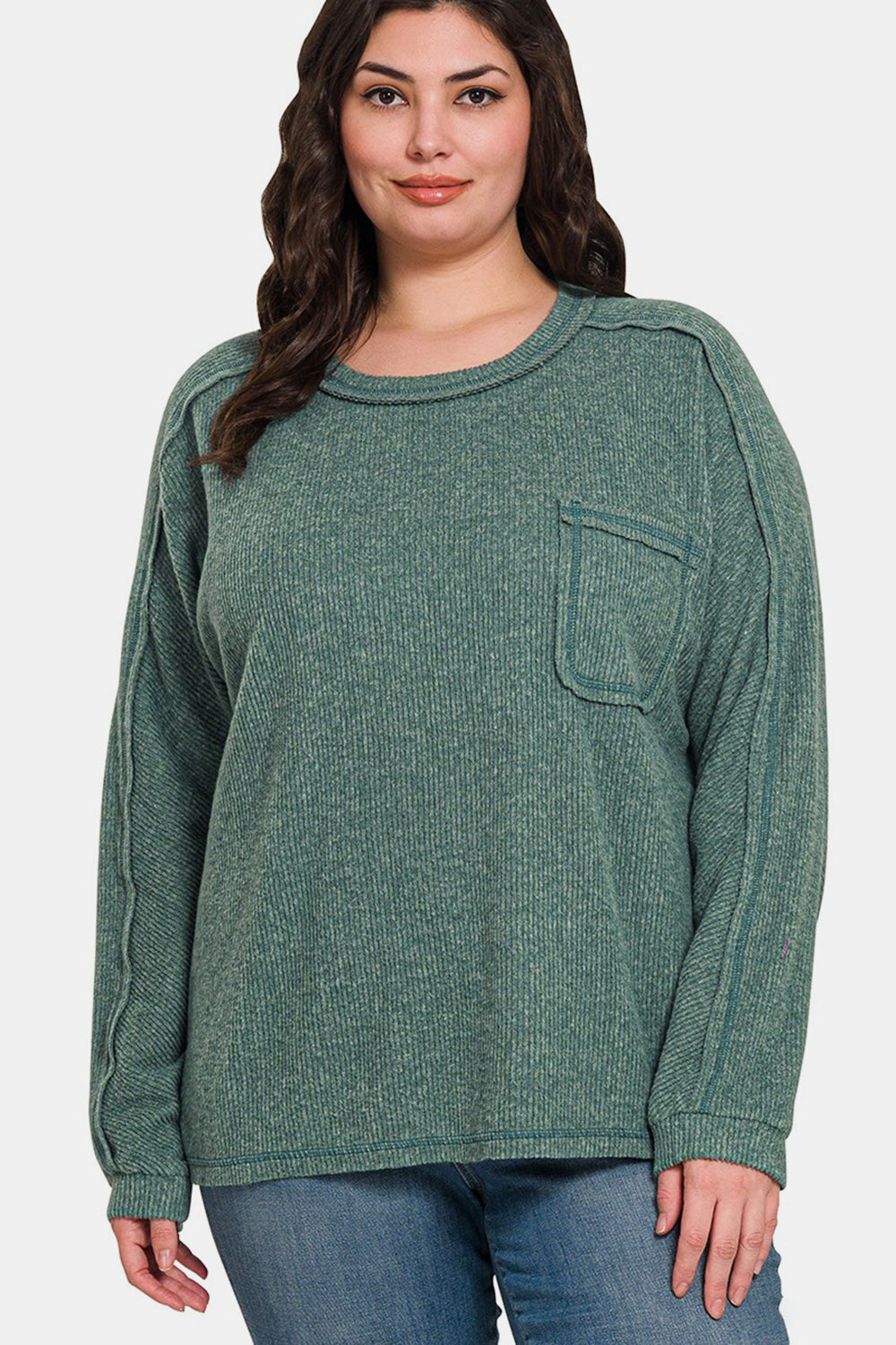 Zenana Ash Jade Contrast Stitching Brushed Ribbed Hacci Knit Top Shirts & Tops