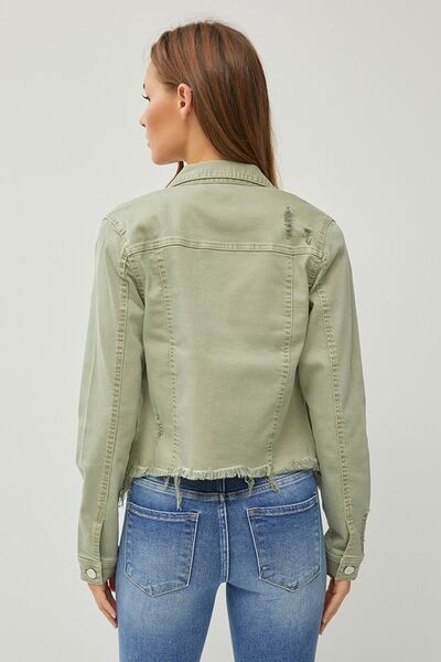 RISEN Sage Raw Hem Button Up Cropped Denim Jacket