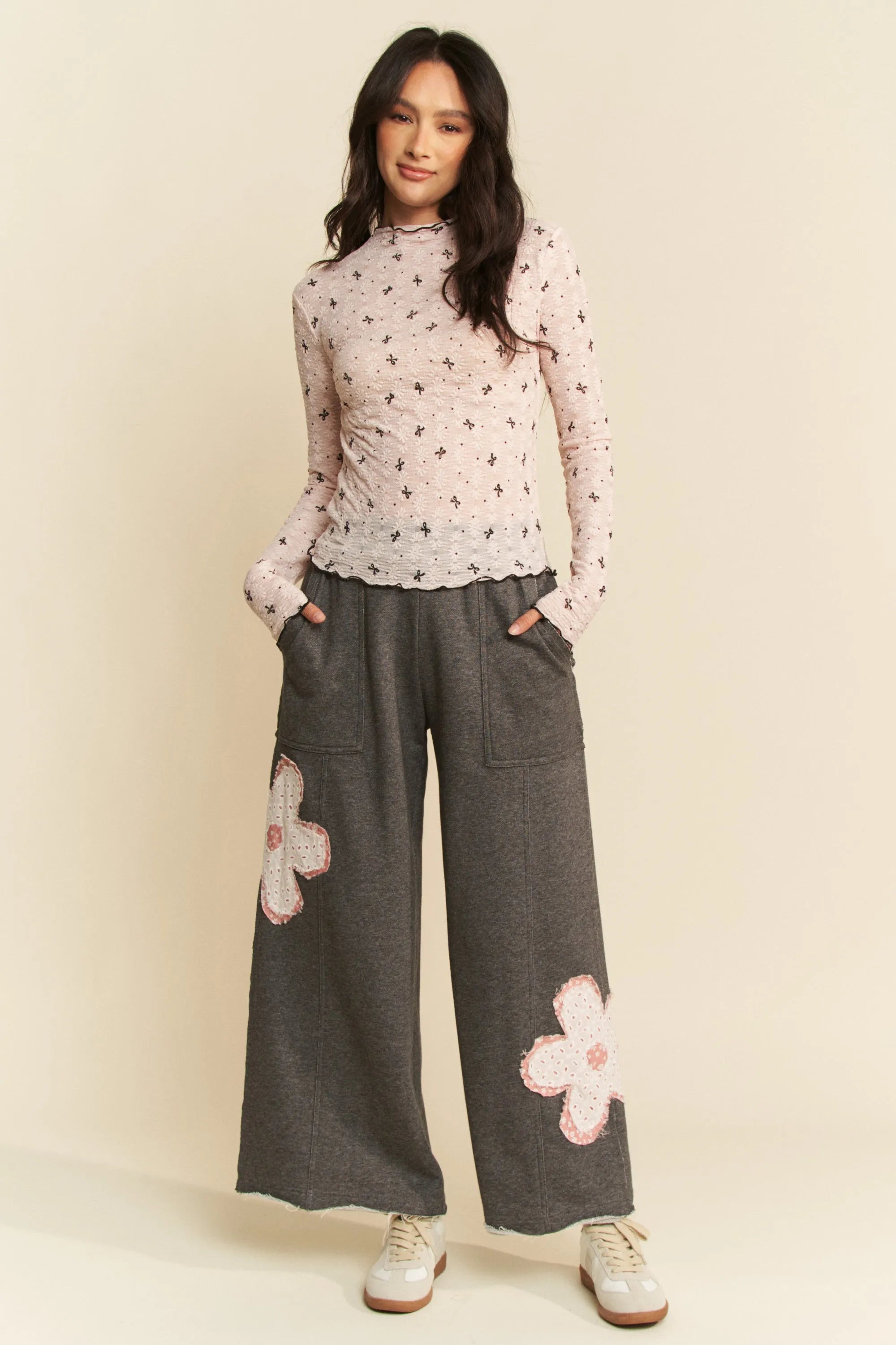 Davi & Dani Pink Ribbon Bow Lace Hem Long Sleeve Mesh Layering Top