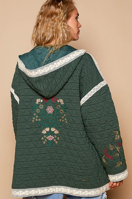 POL Embroidered Open Front Quilted Hooded Jacket with Crochet Pockets in Dark Green Coats & Jackets