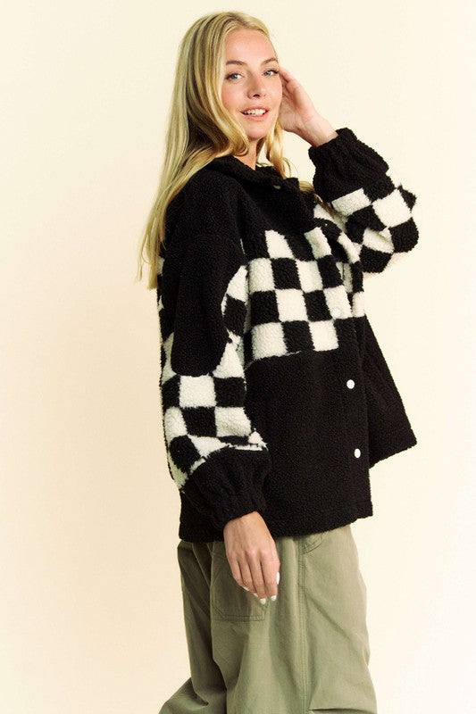 Davi & Dani Black Checkered Snap Down Faux Fur Jacket Trendsi