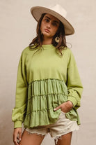 BiBi Light Olive French Terry and Woven Mixed Tiered Top
