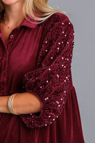 Umgee Velvet Tiered Back Sequin Detail Sleeve Blouse in Wine Shirts & Tops