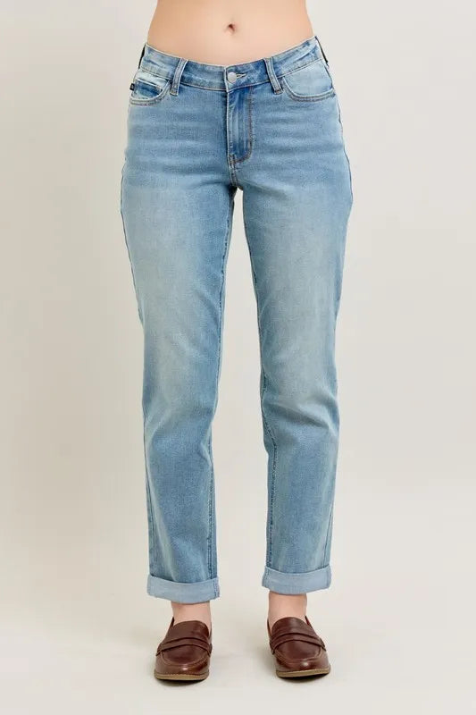 Judy Blue Medium Washed V-Front Cuff Boyfriend Jeans MD