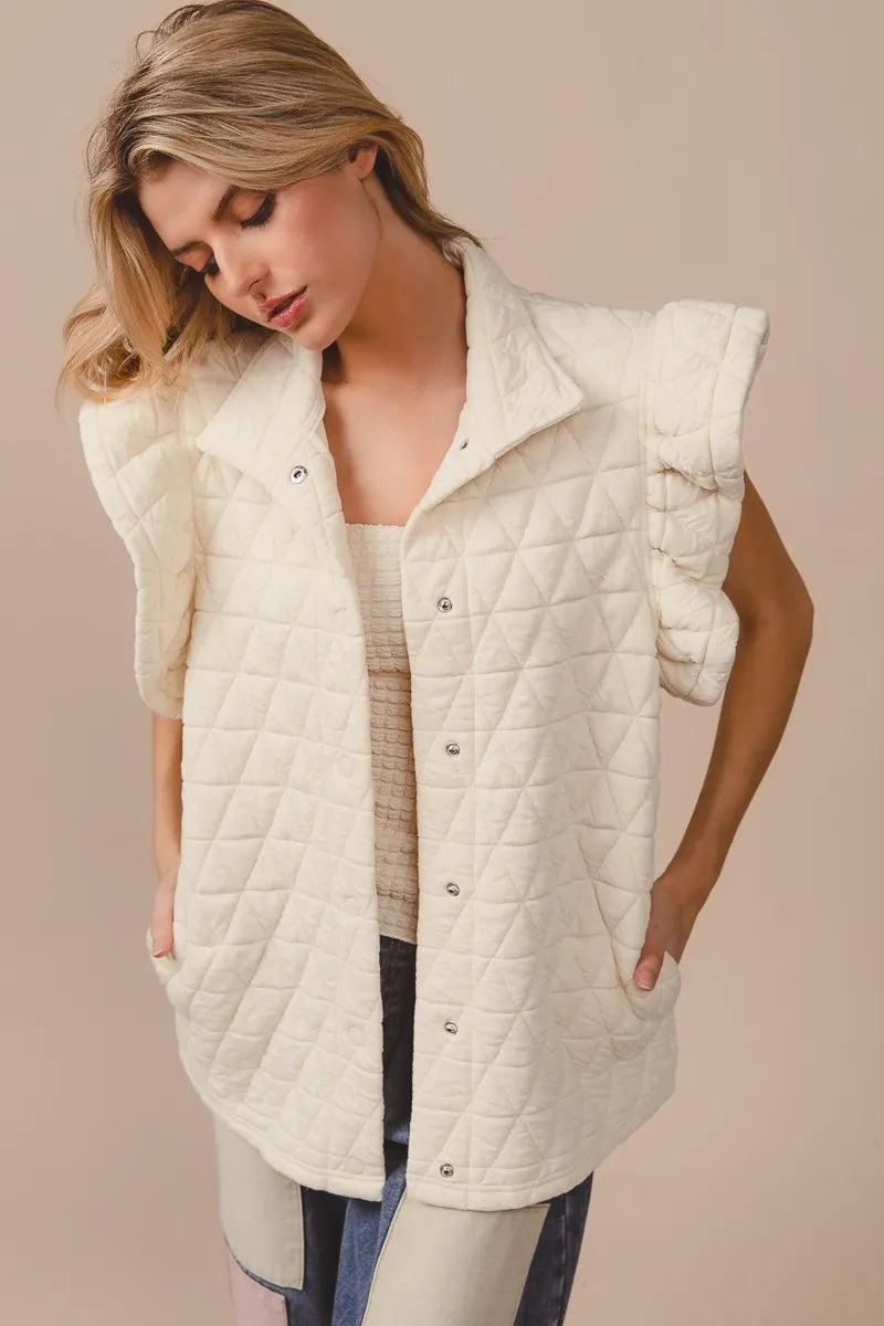 BiBi Oatmeal Quilting Knit Ruffle Sleeve Vest
