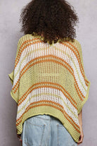 POL Lime Sage Openwork Lightweight Striped V-Neck Knit Top