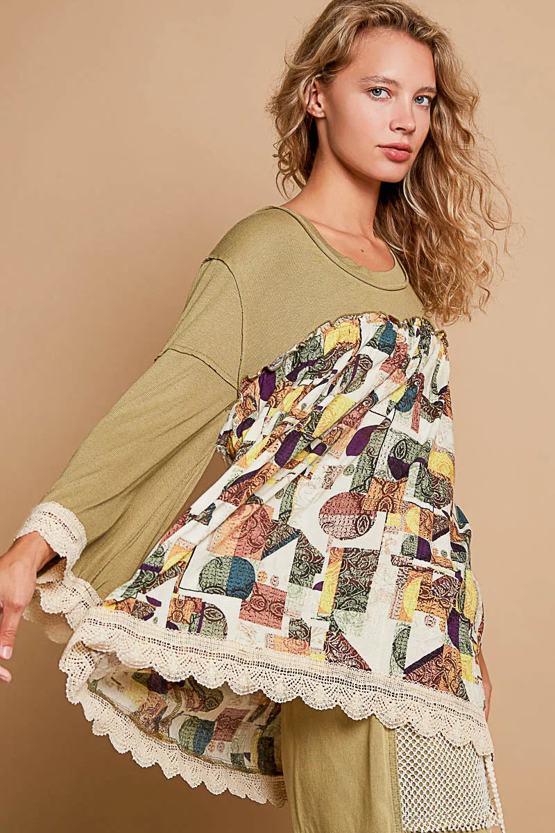 POL Moss Green Bohemian Geometric Print Long Sleeve Top with Lace Trim