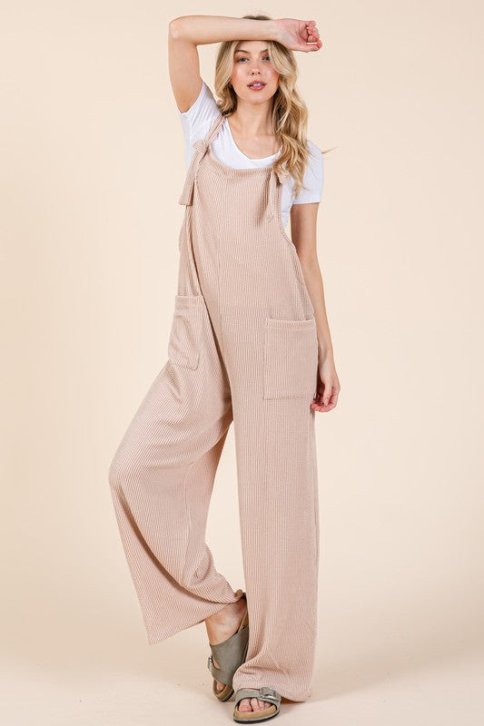 BOMBOM Knot Straps Wide Leg Ribbed Overalls with Pockets in Dust Storm Jumpsuits & Rompers