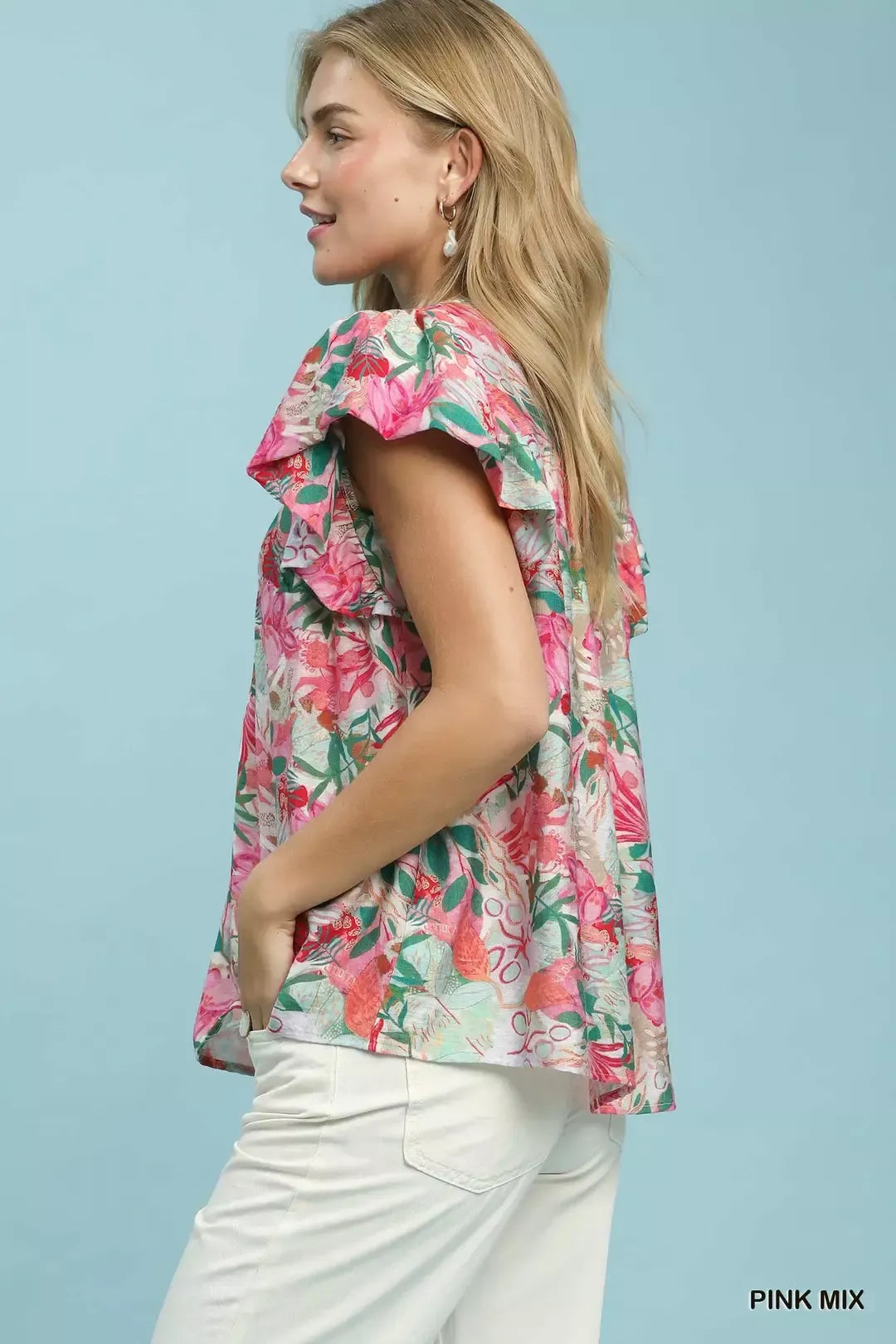 Umgee Pink Mix Tropical Print Blouse with Ruffle Cap Sleeves