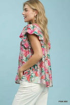 Umgee Pink Mix Tropical Print Blouse with Ruffle Cap Sleeves